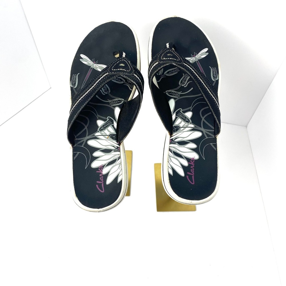 Clarks Womens Black Dragonfly Floral‎ Print Flip Flop Sandals Size 10M 26390